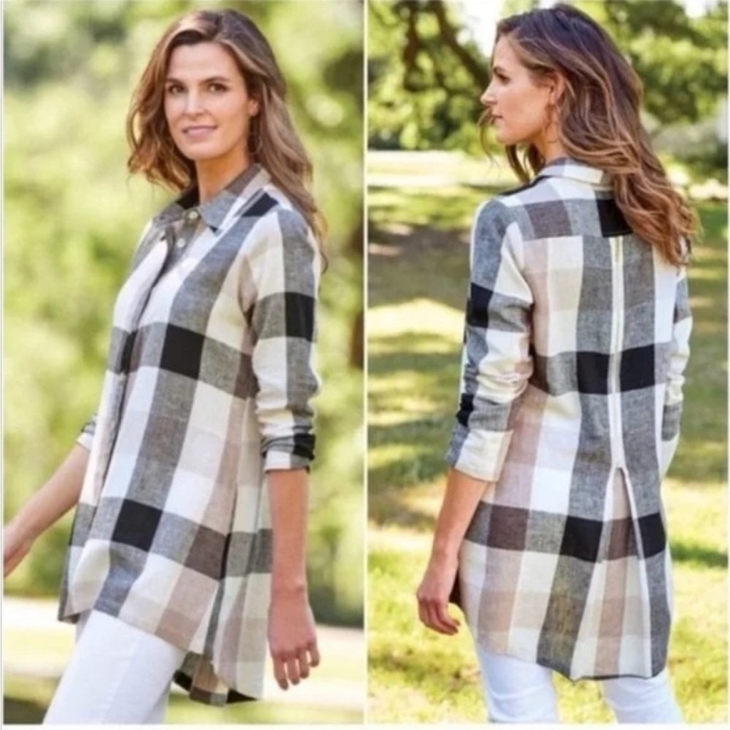 Soft Surroundings Women's Carreaux Shirt Button Up Back Zipper Plaid Lin